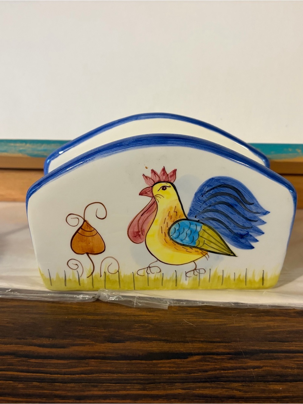 Hand-Painted Rooster Ceramic Napkin Holder - Blue and Yellow